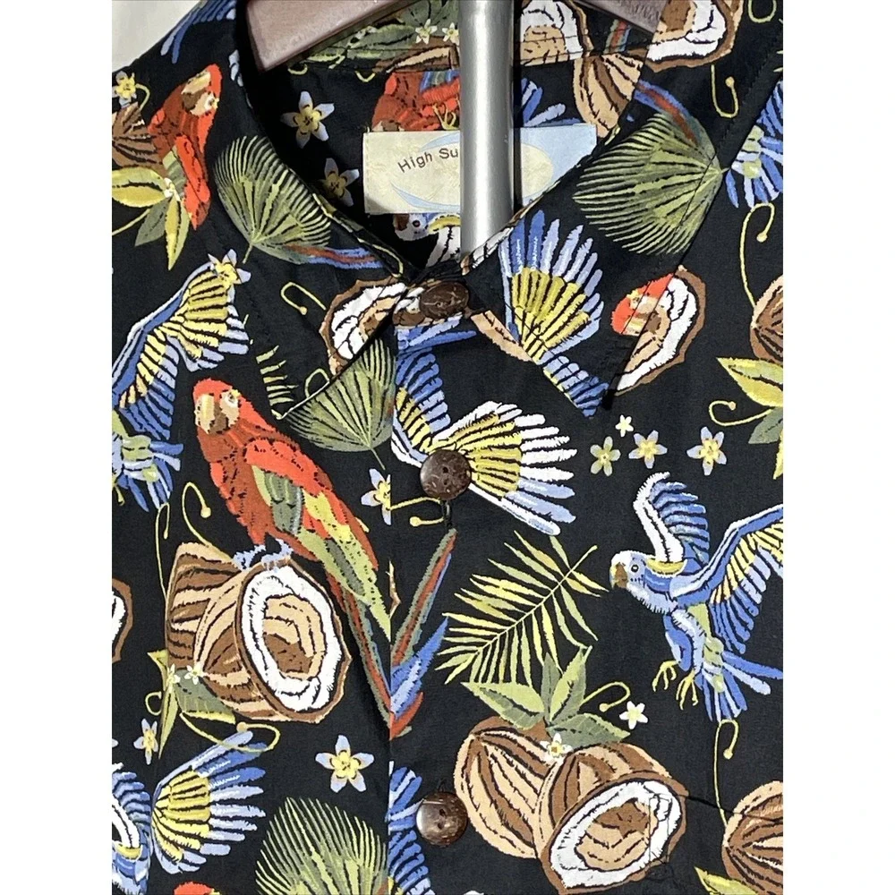 High Surf Island Men's Hawaiian Shirt L Black‎ W/Parrots & Coconuts Floral